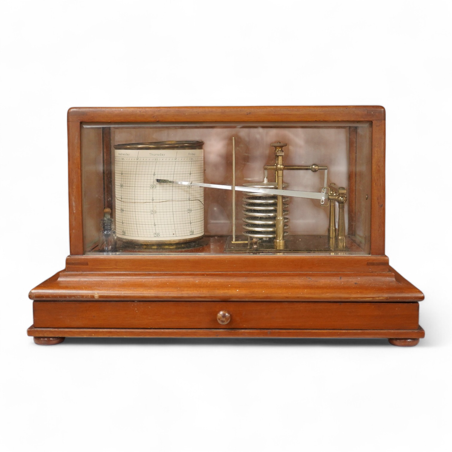 An early 20th century teak cased barograph by Ross, London No.A.529. with drawer underneath containing the original leaflet, spare papers, etc. Condition - fair to good.